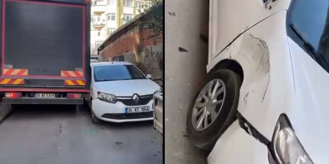 Dar sokaktan geçemeyen kamyon sürücüsü araçlara çarpa çarpa ilerledi